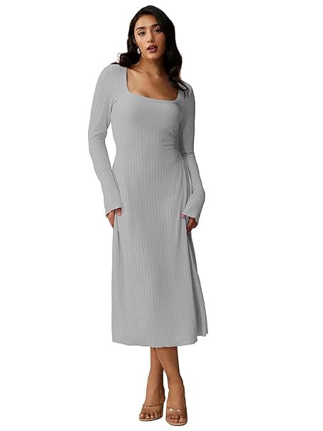 Shasmi Women’s Square Neck A-Line Dress – Long Sleeve, Tie Waist, Knitted Stretchable, Casual & Office Outfit, Solid Winter Midi Dress for Women (Dress 221)