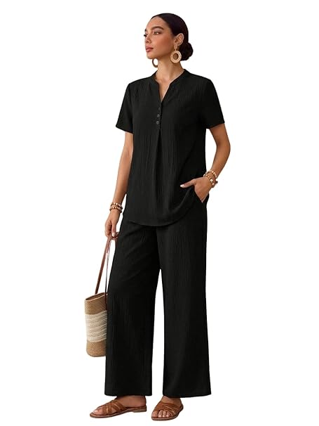 TOPLOT Women's Co-ord Set | Stylish Matching Top & Bottom Set | Notch Neckline with Button Detail | Loose-Fit, Short-Sleeve Top with a Relaxed Silhouette |Ideal for Casual (5250)