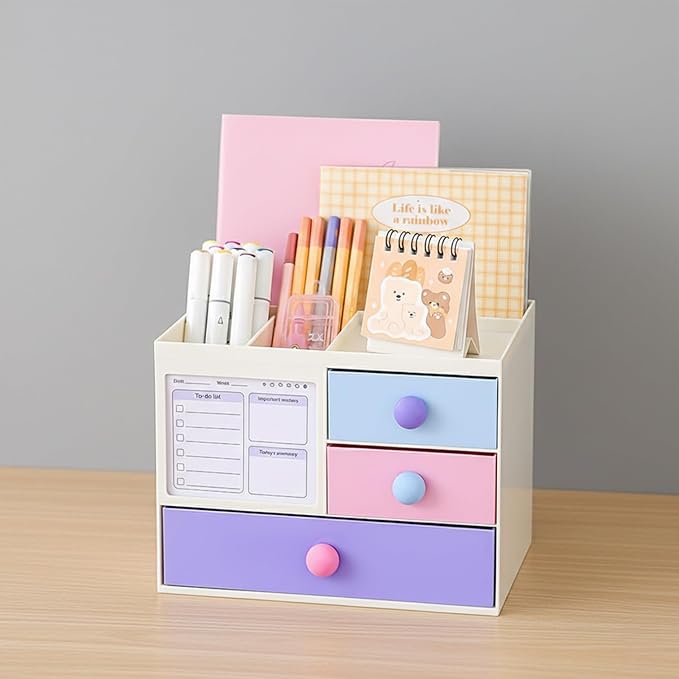 Amazon Basics Desk Organiser| Cream color| Plastic| 7 Compartments| Compact| 20.5×14.3×15.5 cm| Non-Slip Base, Sturdy Build |Pack of 1