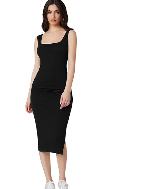 Aahwan Royal Solid Bodycon Square Neck Midi Side Split Thigh Dress for Women's & Girl's