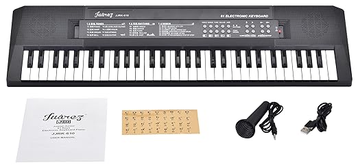 Juarez Junior 61 Keys Electronic Keyboard with Microphone, USB Power Cord, Note Stickers, Single Speaker, Song Record/Play, OKON Mode, 8 Tones, 5 Rhythms, 6 Demos, Brown