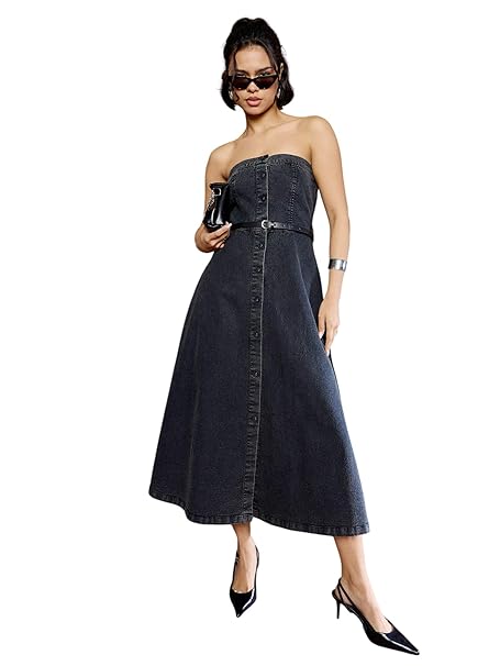 Sassafras Women’s Tube Washed Denim – Casual Streetwear Denim Dress