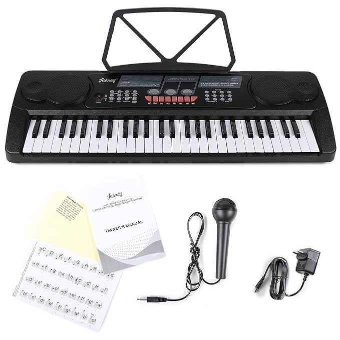 Juarez JRK541 54-Key Electronic Keyboard, 16 Tones, 8 Rhythms, Percussions & Demos, Ensemble & Special Effects, Record & Playback, Learning Keyboard for Beginners, Microphone, Adapter, Note Stickers