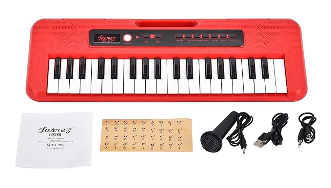 Juarez Junior 37 Keys Electronic Keyboard Piano JJRK-450 with Microphone, Type-C USB Power, Record & Playback, OKON Learning, Single Speaker, Earphone & Audio-in Jack (Red)