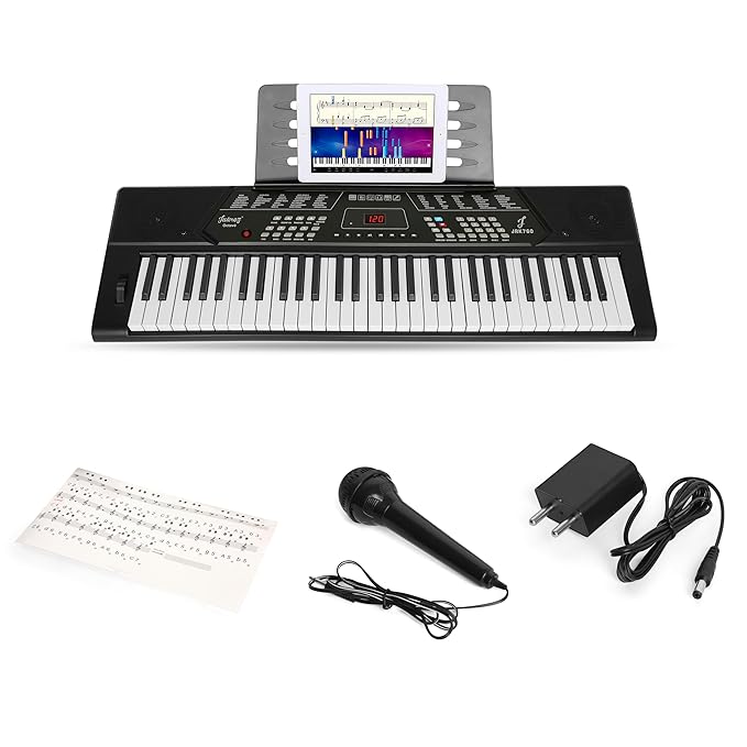 Juarez JRK760 61-Key Electronic Keyboard with Pitch Bend Wheel | 200 Tones, 200 Rhythms, USB-MP3, Recording, Sustain, Vibrato & 3-Step Teaching Mode | Music Stand & Adapter Included