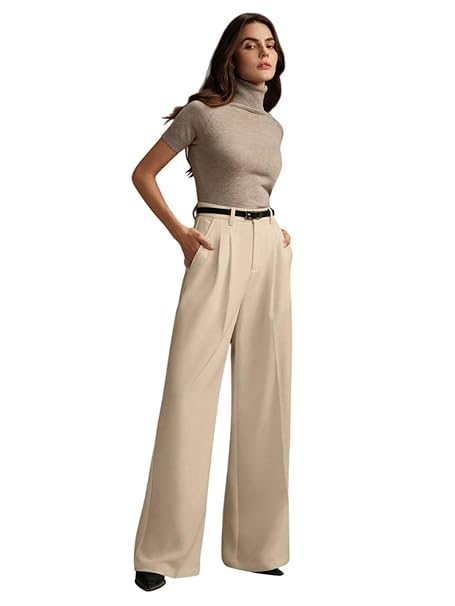 KOTTY Women's Beige High Waist Wide Leg Straight Trouser for Formal and Office Wear