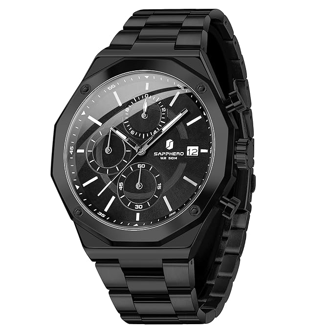 Sapphero Men Watches 50M Waterproof Wristwatch Anti-Scratch Watch for Men Polygonal Appearance Analog Designed Quartz Movement Steel Stainless Business Wrist Watches Mens Gifts