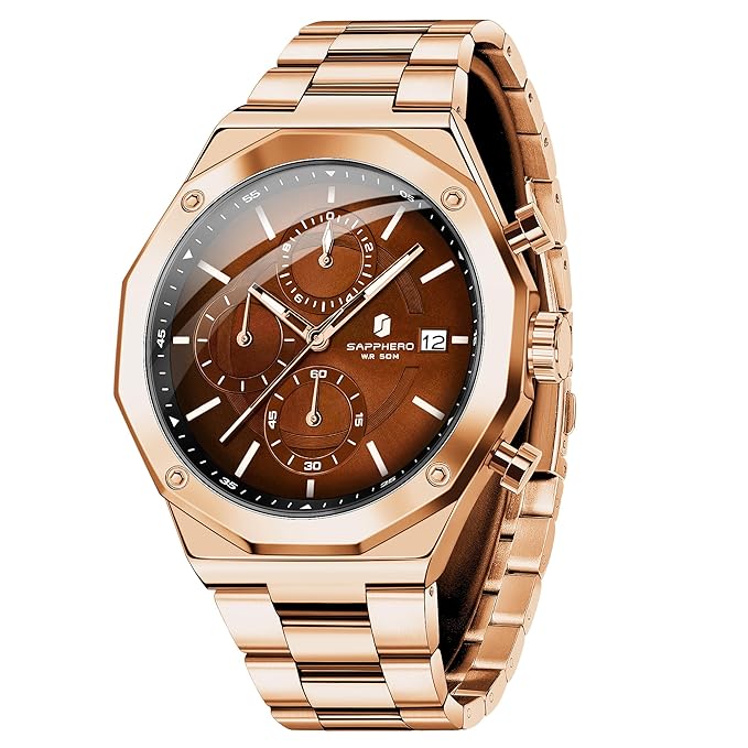 Sapphero Men Watches 50M Waterproof Wristwatch Anti-Scratch Watch for Men Polygonal Appearance Analog Designed Quartz Movement Steel Stainless Business Wrist Watches Mens Gifts