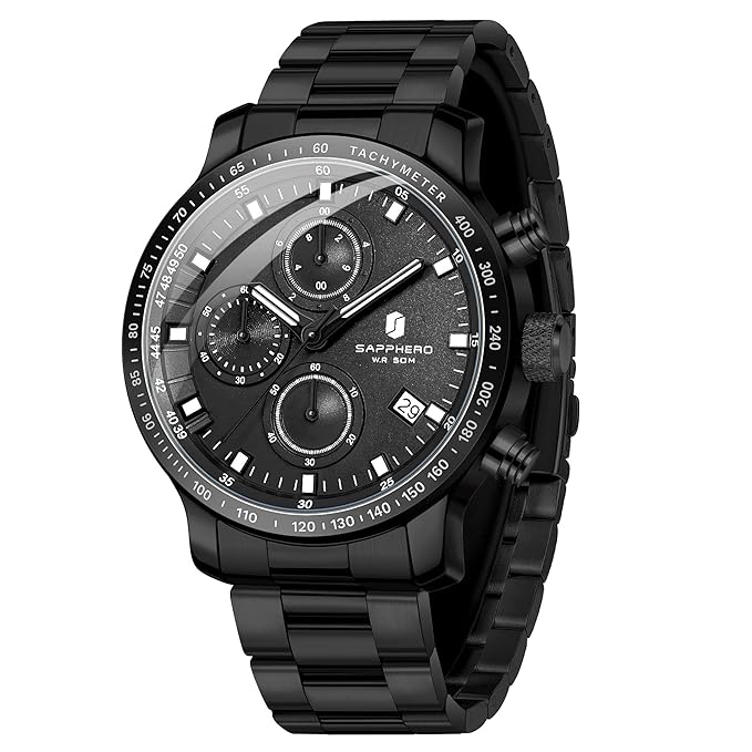 Sapphero Mens Watches Quartz Movement Chronograph 30M Waterproof Steel Strap Fashion Business Sport Design Scratch Resistant Gifts for Men