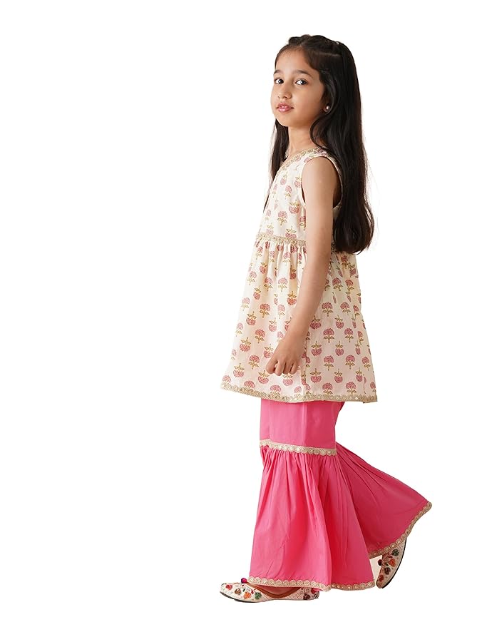 Amazon Brand - Symbol Kids Girls Pure Cotton Kurta Sharara Set (2 pcs) | Ethnic Wear