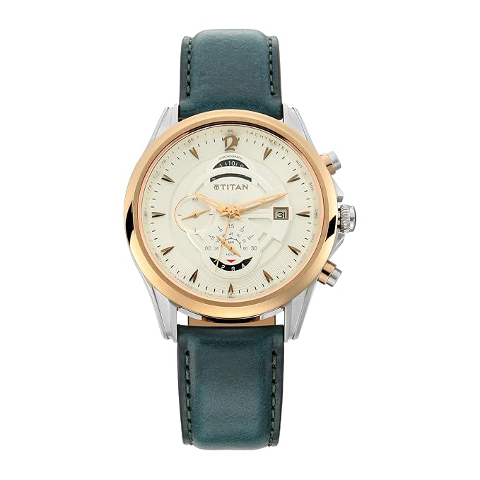 Titan Maritime Quartz Chronograph White Dial Green Leather Strap Chronograph Watch for Men - NT1830KL01