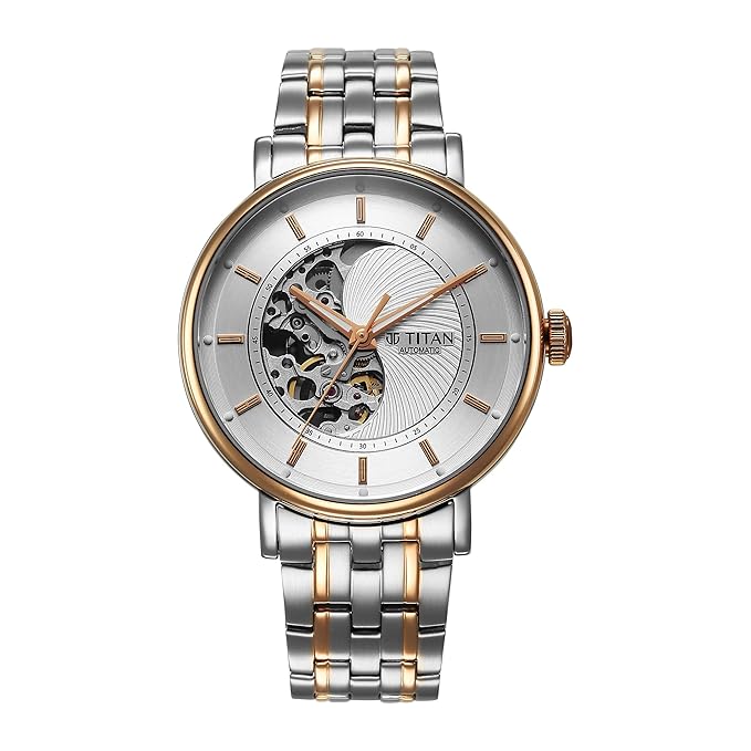 Titan Yin Yang Skeletal Automatic Analog with White Dial Silver and Rose Gold Stainless Steel Strap Watch for Men - 90222KM01
