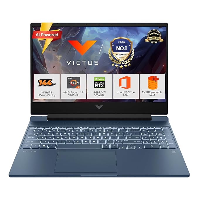 HP Smartchoice Victus, AMD Ryzen 7 7445HS, 6GB RTX 3050, 16GB DDR5(Upgradeable) 512GB SSD, FHD, 144Hz, 300 nits, 15.6''/39.6cm, Win 11, M365* Office24, Blue, 2.29kg, fb3134AX/3120ax, Gaming Laptop