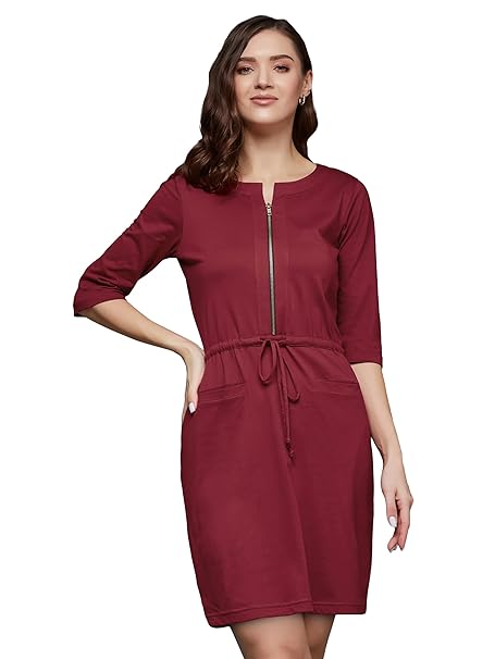 Miss Chase Women's Round Neck 3/4 Sleeves Cotton Solid Mini Shift Dress