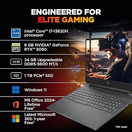 HP Smartchoice Victus, 13th Gen Intel Core i7-13620H, 8GB RTX 5050, 24GB DDR5(Upgradeable) 1TB SSD, 144Hz, FHD, 15.6''/39.6cm, Win11, M365* Office24, Mica Silver, 2.29kg, fa2309TX, RGB Gaming Laptop