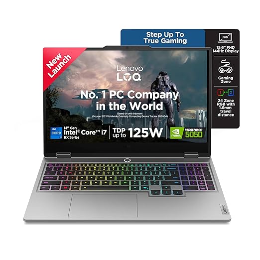 Lenovo LOQ, Intel Core i7 14th Gen-14700HX, RTX 5050-8GB, 16GB RAM, 1TB SSD, FHD, 83JE00U6IN, 15.6"/39.6cm, 144Hz, Windows 11, Office 2024, Grey, 2.4Kg, 3 Mon. Game Pass, 83JE00U6IN, AI Gaming Laptop