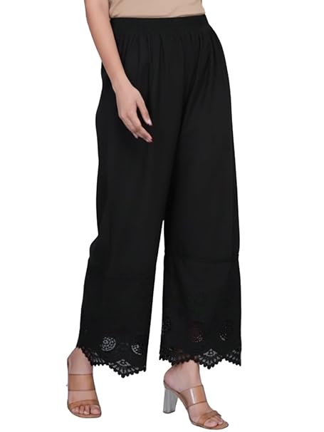 Leriya Fashion Trousers for Women | Cotton Ethnic Palazzo Pants with Lace Embroidery | Elastic Waist Wide Leg Casual Women Trousers | Comfortable Summer Woman Trouser Pants