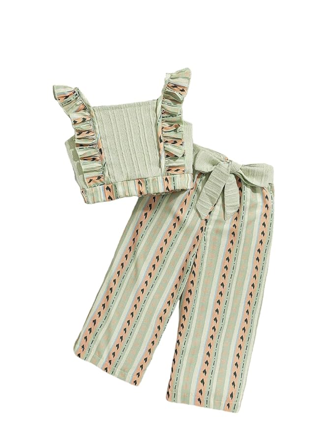 Tagas Girl Summer Casual Top Puff Sleeve and Printed Long Pants 2pcs Outfit || Two-Piece Set FOR GIRLS ||Girls Clothing Set||(GTP-70)