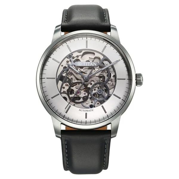 Titan Automatic Color Upgrade Silver Dial Grey Leather Strap Watch for Men 90110QL02