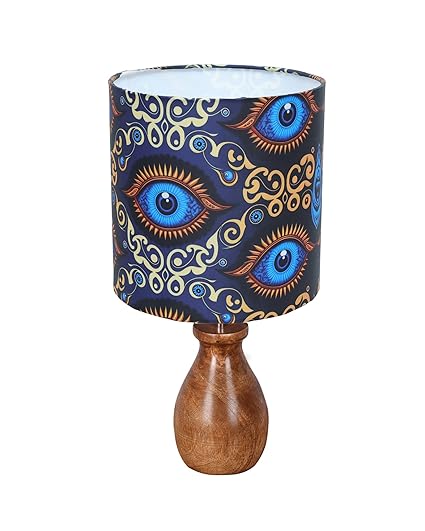Homesake® Rustic Wooden Dovel Pot Table Lamp with Printed Fabric Shade| Handcrafted Bedside Nightstand Light for Living Room, Bedroom, Office Cafe Home Décor,