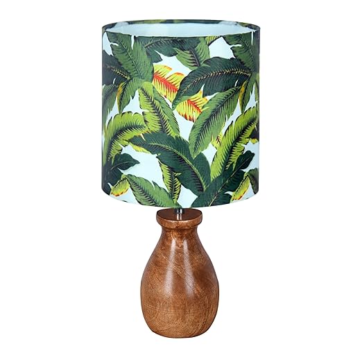Homesake® Rustic Wooden Dovel Pot Table Lamp with Printed Fabric Shade| Handcrafted Bedside Nightstand Light for Living Room, Bedroom, Office Cafe Home Décor,