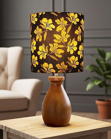 Homesake® Rustic Wooden Dovel Pot Table Lamp with Printed Fabric Shade| Handcrafted Bedside Nightstand Light for Living Room, Bedroom, Office Cafe Home Décor,