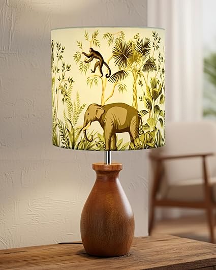 Homesake® Rustic Wooden Dovel Pot Table Lamp with Printed Fabric Shade| Handcrafted Bedside Nightstand Light for Living Room, Bedroom, Office Cafe Home Décor,