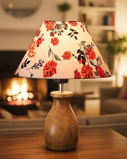 Homesake® Rustic Wooden Dovel Pot Table Lamp with Printed Fabric Shade| Handcrafted Bedside Nightstand Light for Living Room, Bedroom, Office Cafe Home Décor,