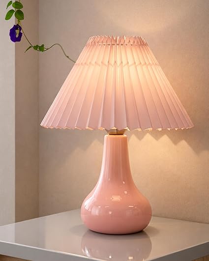 Homesake® Modern Small Ceramic Table Lamp, Classic Bedside Desk Lamp for Living Room Bedroom, Farmhouse Home Decor Nightstand Lamps with Fabric Pleated Shade (Pink)