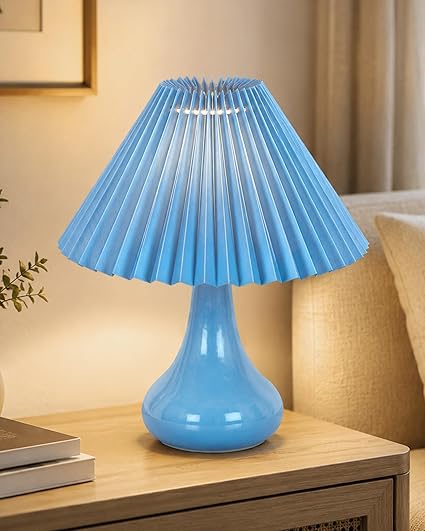 Homesake® Modern Small Ceramic Table Lamp, Classic Bedside Desk Lamp for Living Room Bedroom, Farmhouse Home Decor Nightstand Lamps with Fabric Pleated Shade (Pink)