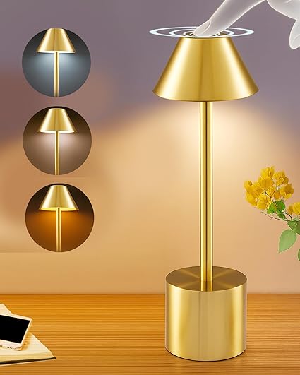 Homesake® Desk Touch Lamp | Portable Lamps for Bedroom, Night Lamp, Table Lamp for Bedroom & Living Room, Bedside Lamp, Dimming, 3 Colour Touch Control, Wireless Charging, Metal Cone, (Gold)