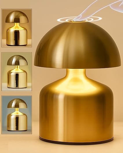Homesake® Touch Lamp | Portable Lamps for Bedroom, Desk Lamp, Night Lamp, Table Lamp for Bedroom & Living Room, Bedside Lamp, Dimming, 3 Colour Touch Control, Wireless Charging, Metal Mushroom, (Gold)