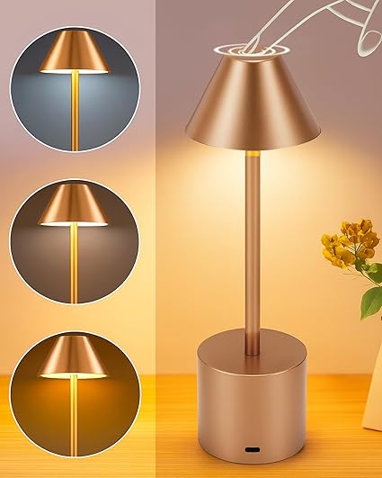 Homesake® Desk Touch Lamp | Portable Lamps for Bedroom, Night Lamp, Table Lamp for Bedroom & Living Room, Bedside Lamp, Dimming, 3 Colour Touch Control, Wireless Charging, Metal Cone, (Rose Gold)