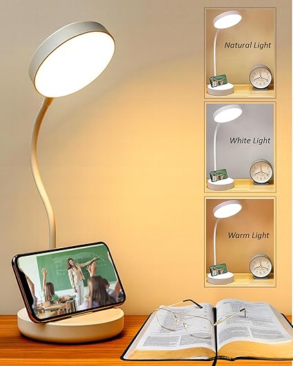 Homesake® LED Desk Lamp Rechargeable Battery Operated 3 Level Brightness Study Table Lamp for Students, White Lamp, Office Table, Night Light for Study Room | Reading Light with Mobile Stand