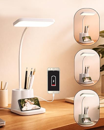 Homesake® LED Desk Lamp with 3 Brightness Modes, Touch Sensor Control, Adjustable Study Table Lamp with Mobile Stand, USB Powered, for Home & Office, Students Reading Lamp Light, (White, Holder Cup)