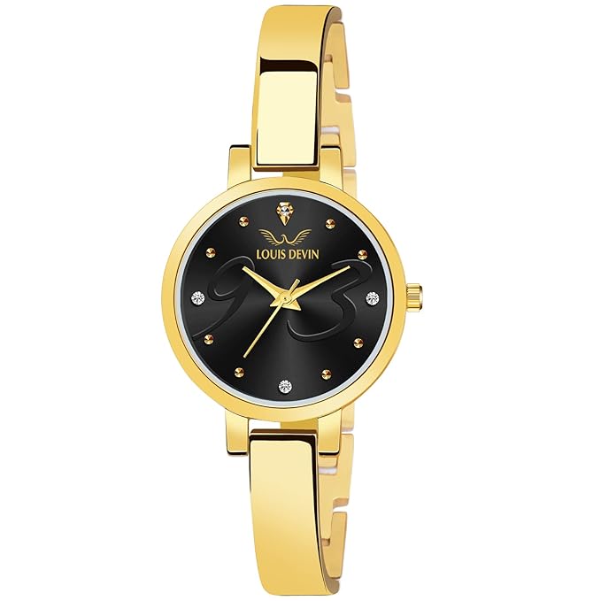 LOUIS DEVIN Gold Plated Bracelet Analog Wrist Watch for Women (Blue/Black Dial) | LD-JWL166