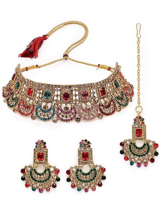 Sukkhi Graceful Curve Shaped Gold Plated AD Stones Choker Necklace Set With Earring And Maangtika | Jewellery Set For Women