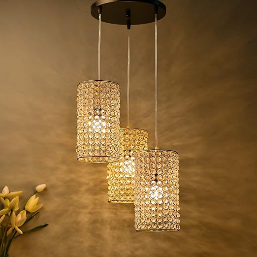 Homesake® Metal Crystal Pendant Light Fixture – 3-Light Gold Hanging Ceiling Lamp with Adjustable Height, Cylinder Chandelier for Kitchen Island, Dining Room, Bedroom, Hallway (Cylinderical Golden)