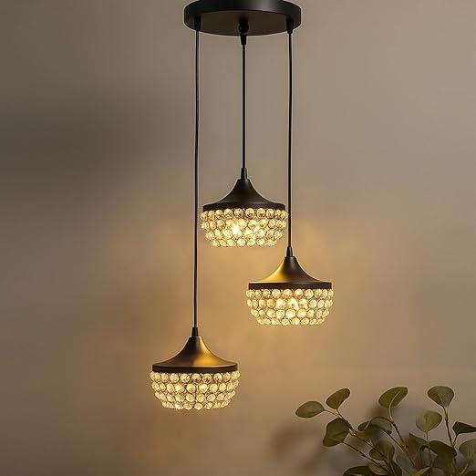 Homesake Metal Dual Ring Crystal Pendant Lighting | Flush Mount Ceiling Light, Hanging Ceiling Light Fixture, Hallway Light Fixture, Pendant Chandelier, Ceilings Flush Mount, Bedroom (3 Light Round)
