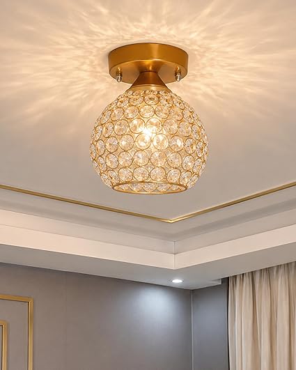Homesake® Modern Crystal Flush Mount Ceiling Light |Ceiling Lamp for Living Room, Hallway, Bedroom, Entryway & Balcony | E27 Holder, Decorative Ceiling Fixture | Metal Dual Ring Semi Globe, Gold