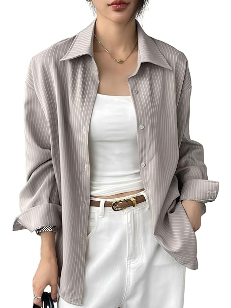 GRECIILOOKS Striped Shirt for Women | Korean Style Full Sleeve Oversized Button Down Shirts | Tops for Women | Shirt for Woman | Plus Size Top for Office & Casual Outfit
