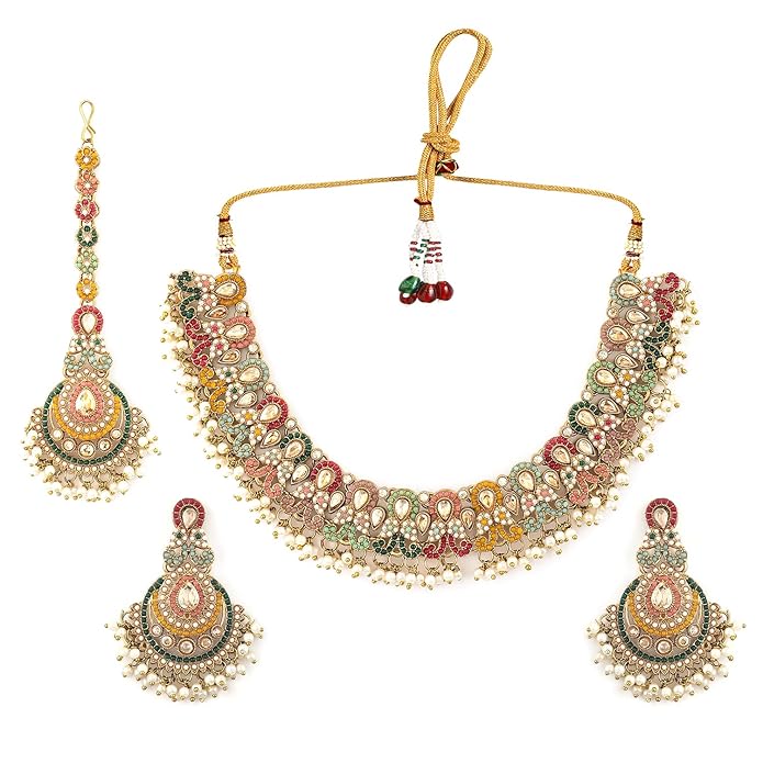 Rubans 22K Gold-Plated Multicolor Kundan & Pearl Beaded Handcrafted Choker Necklace Set with Maang Tikka
