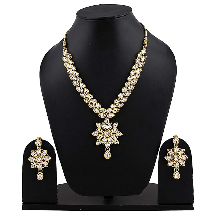 Shining Diva Fashion Jewelry Gold Plated Kundan Fancy Necklace Traditional Jewellery Set with Earrings for Women & Girls (White)(9602s)