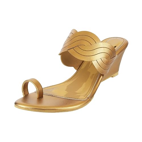 Mochi Women's Metallic Gold Faux Leather Wedge Heel Fashion Sandals