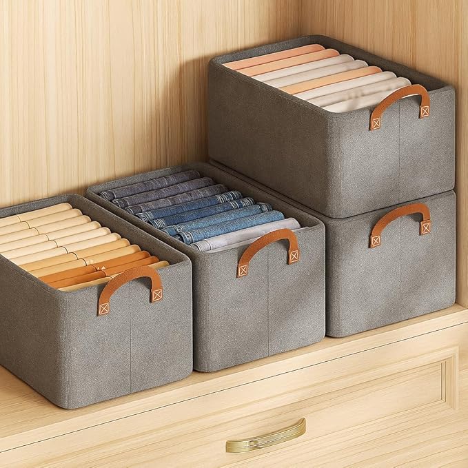 JD FRESH 4 Pcs of Large Foldable Storage Box and Organiser with Metal Frame/Woven Fabric Clothes Organiser with Handle/Wardrobe Organizer for Storage/Almirah Organizer for Shirts/Jeans/Sweater (Grey)
