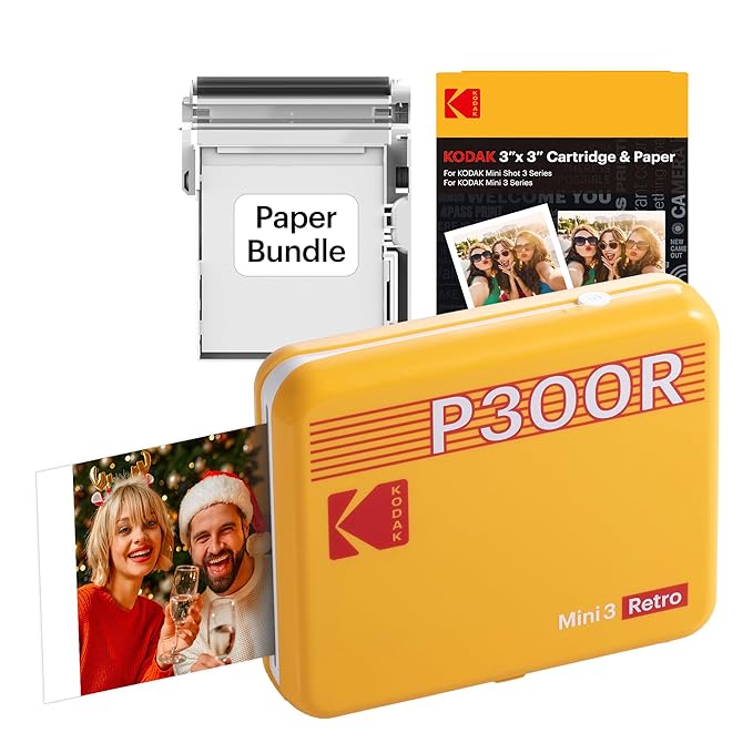 KODAK Mini 3 Retro 4PASS Portable Photo Printer (3x3 inches) + 68 Sheets Bundle, Yellow