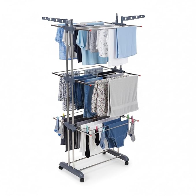 Amazon Basics 3-Tier Stainless Steel Cloth Drying Stand | Foldable with Wheels | 5.8 ft Drying Space, 26 Rods, 16 Hanger Slots | Indoor & Outdoor Use | 174 cm