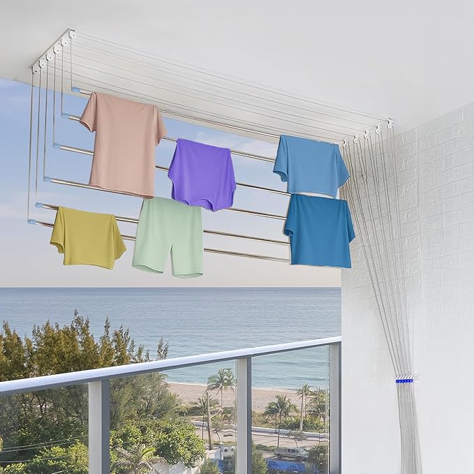 Amazon Basics Heavy-Duty Stainless Steel Ceiling Cloth Dryer (6 Pipes x 6 Feet) with UV-Protected Nylon Ropes – Balcony Clothes Drying Stand with Pulley Mechanism