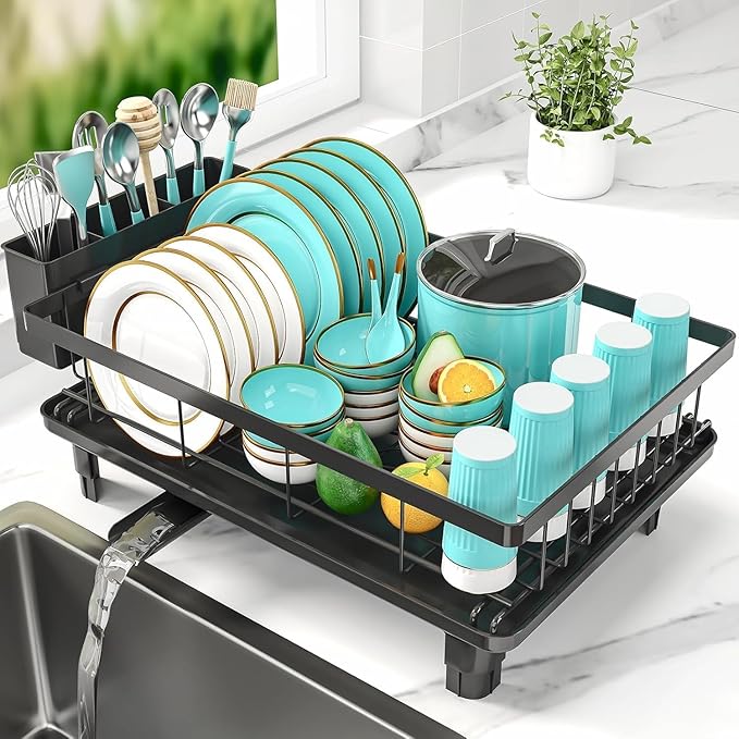 JD FRESH Dish Drying Rack with Drainer Tray | Steel Bartan Stand for Kitchen | Anti-Rust, Smart Drain Outlet | Detachable Cutlery Holder | Countertop Utensils Organizer | Black (42x32x13 CM)