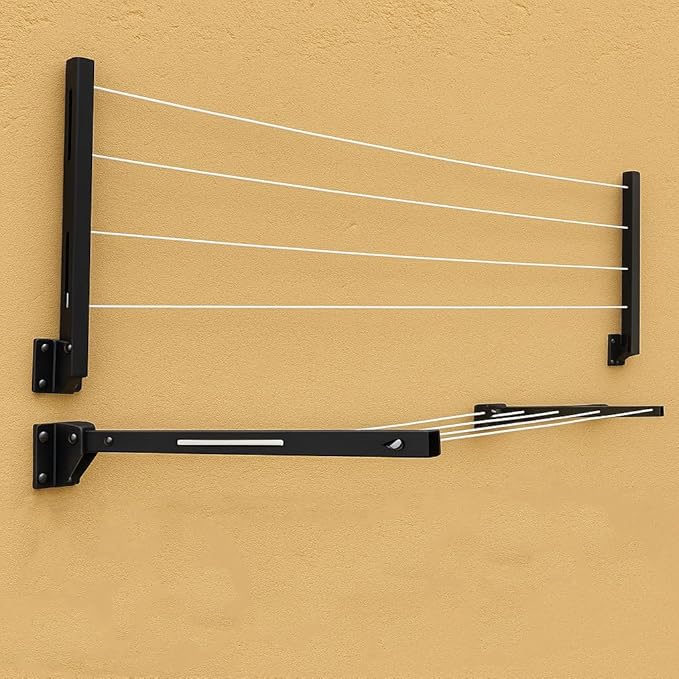 JD FRESH Metal Foldable Wall Mount Cloth Drying Stand with 30 Feet Rope/Wall Hanging Clothes Dryer Rack for Balcony & Indoor Use/Space Saving Wall Mounted Laundry Hanger(Black)